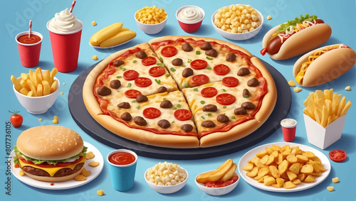 All Fast Food collection set, isolated on white background. Fried chicken, fries, pizza, sandwich, chicken nuggets, eggs and bacon, shawarma, prawns. Junk food of Fast Food set. Closeup of fast foods.