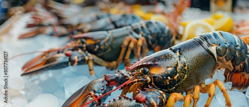 Live Lobsters Displayed on Ice at Seafood Market.