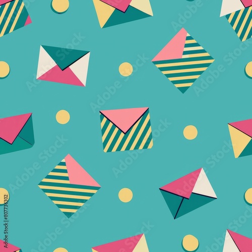 Seamless pattern of envelopes with playful patterns like stripes  polka dots  and chevrons  creating a fun and dynamic wrapping paper design  Generative AI