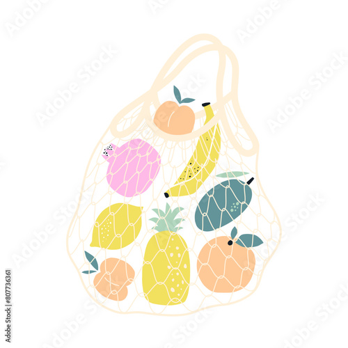 Illustration of different fruits in string bag isolated on white background.