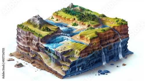 Wallpaper Mural A detailed illustration of a cross-sectional view of a diverse landscape with a mountain, river, and forests. Torontodigital.ca