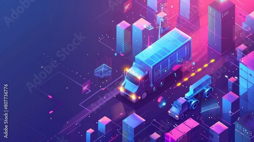 A futuristic concept for a digital logistic isometric landing page showing truck delivery blocks, modern technological freight, a smart forklift loading cargo at the warehouse, and a futuristic