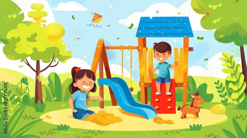 Laughing kids on playground in summer park, garden, or backyard. Modern cartoon illustration of girl playing in sandpit and boy on rocking horse.