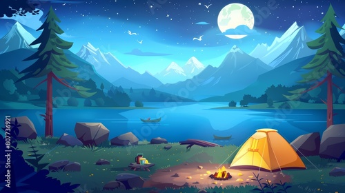 Animated modern landscape of natural parkland and countryside. Picnic on the beach. Night camp with tent, fire, trees, lake, and mountains on background. photo