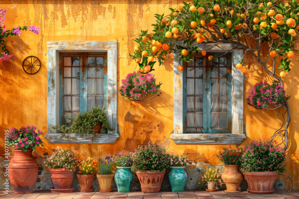An old house facade with large windows and potted plants and a citrus tree above it.