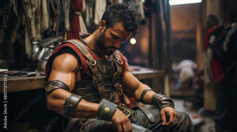 Fototapeta premium Backstage: Gladiator prepares sharpens weapons