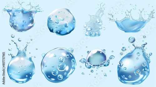 Bubbles and effervescent water fizz set, with dynamic aqua motion and randomly moving underwater fizzing. A realistic 3D modern illustration of soda drink design elements isolated on a transparent