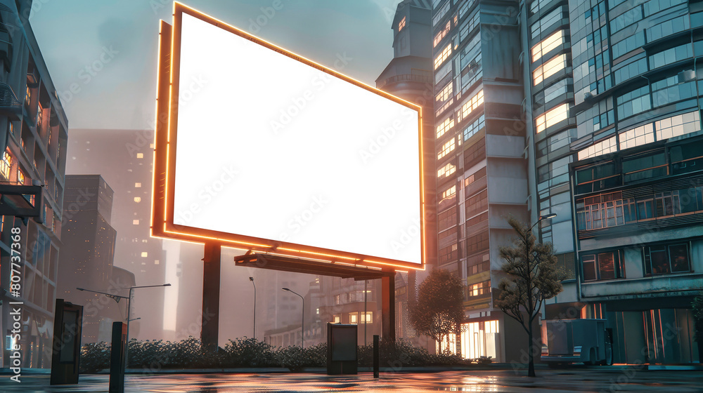 A massive billboard stands tall in the bustling city center, showcasing advertising mockups for various modern products and services A massive billboard stands tall in the bustling city center, showcasing advertising mockups for various modern products and services