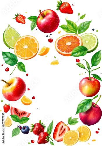 Eco food menu background. Watercolor hand drawn fruits. Vector illustration