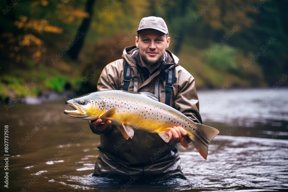 A man stands in a river, proudly holding up a fish he has just caught A man stands in a river, proudly holding up a fish he has just caught
