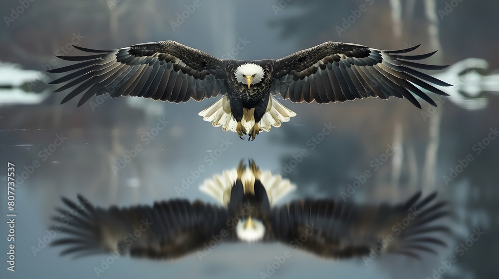 Obraz premium symmetrical photo of a Bald eagle flying above a Pond and its Reflection underneath