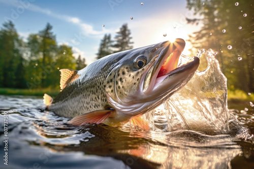 A massive fish gracefully propels itself out of the water, its glistening scales catching the sunlight in a spectacular display of power and agility