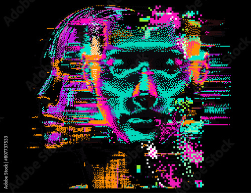 Distorted silhouette of a bald human head. Conceptual image of facial recognition and anonymity systems. Cyberpunk pixel art style vector illustration.