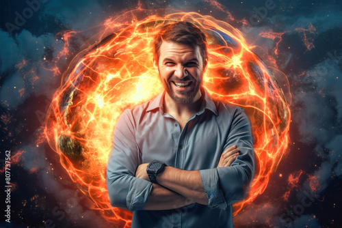 A man in front of a blazing fire ball, embodying a cyber magician hacking into a computer network with intense focus