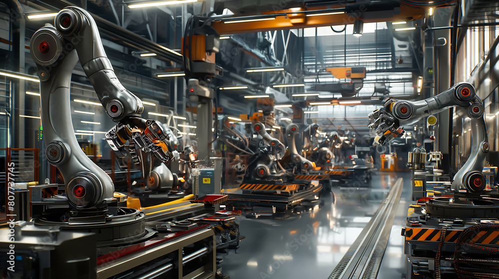 Modern innovative factories and assembly lines powered by robots, Production line with industrial robot arms at modern bright factory