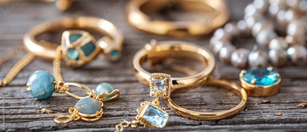 Close up of handcrafted jewelry on a textured wooden surface Close up of handcrafted jewelry on a textured wooden surface
