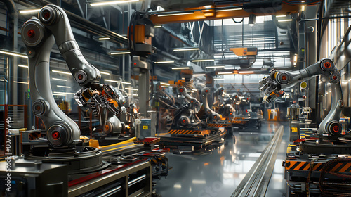 Modern innovative factories and assembly lines powered by robots, Production line with industrial robot arms at modern bright factory