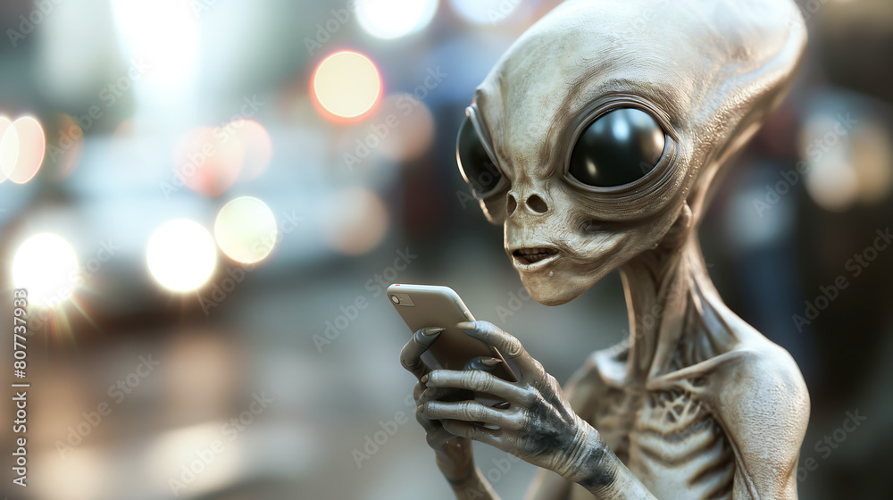 Extraterrestrial alien using smart phone, Mysterious alien holding smartphone
