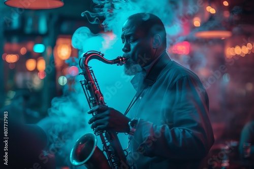 A jazz saxophonist playing in a dimly lit club, smoke swirling around, capturing the soulful essence of a latenight jazz session photo