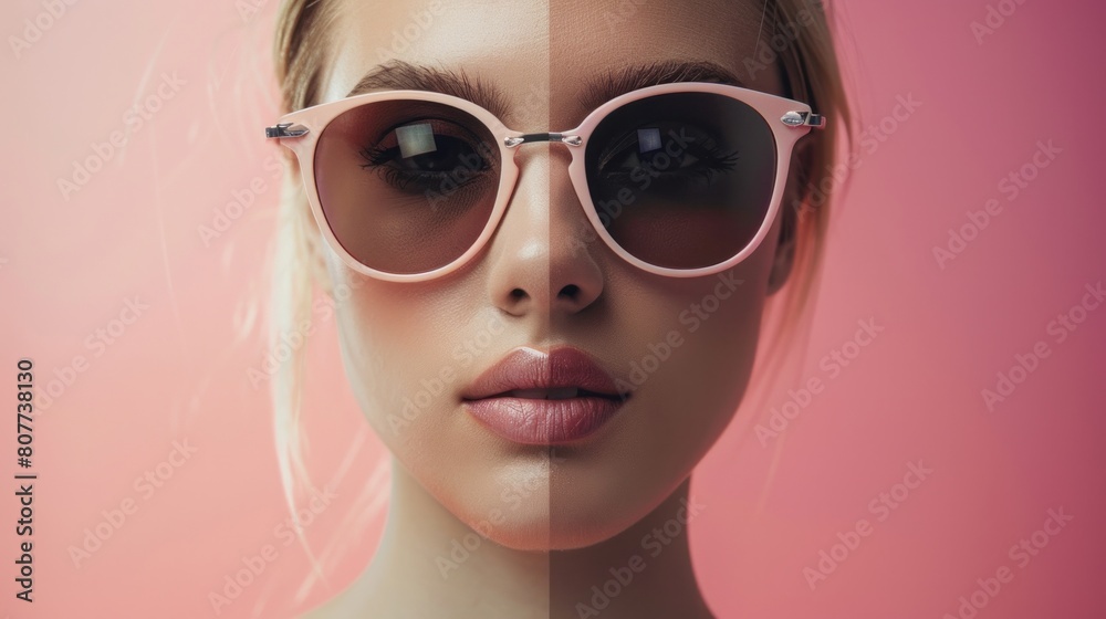 Before-and-After: A comparison image of someone without sunglasses or glasses and then wearing them, highlighting the transformation and style enhancement that these accessories bring. Generative AI