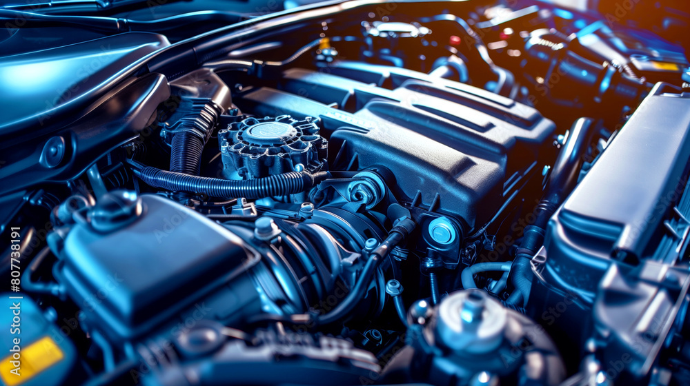 Close-up view of a modern car engine showing intricate details and components. Close-up view of a modern car engine showing intricate details and components.