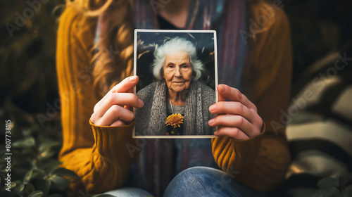 A woman holding a framed picture of mother or grandmother on hands, Showing picture of her mother or grandmother, Nostalgia, memories concept