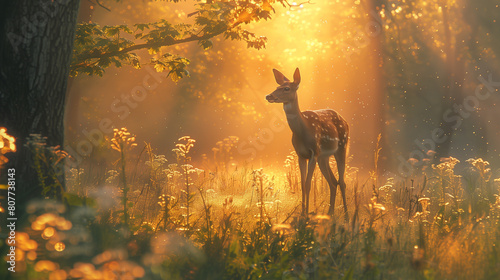 A young deer stands alert in a forest meadow, surrounded by golden light and floating pollen, creating a dreamlike atmosphere at dawn.