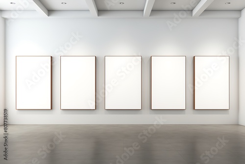 Five blank white posters on a white wall. 3d rendering mock up