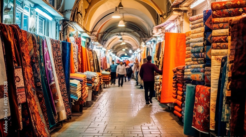 Bazaar market with clothing, carpets, textiles
