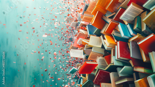 A cascade of books in vibrant colors tumbling against a soft white backdrop, capturing the essence of knowledge.