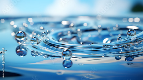 Water drop close-up. Blue water surface with ripples and waves