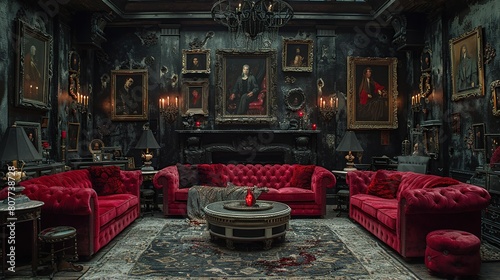 An elegant gothic living room showcases plush red sofas and a vast collection of dark-toned portraits and antique decor. The setting suits concepts of vintage luxury or horror aesthetics