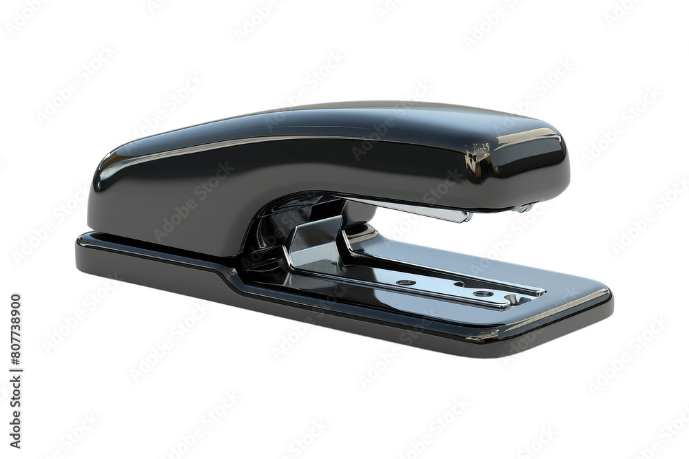 The image shows a black stapler made of metal. It is a tool used to bind sheets of paper together. The image shows a black stapler made of metal. It is a tool used to bind sheets of paper together.