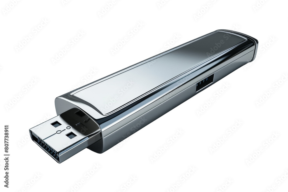 The image shows a silver USB flash drive The image shows a silver USB flash drive