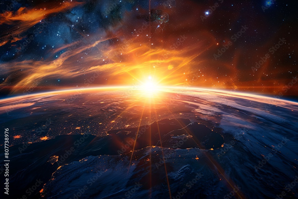Panoramic view of the Earth, Sun, stars and galaxy. Sunrise over planet Earth, view from space Panoramic view of the Earth, Sun, stars and galaxy. Sunrise over planet Earth, view from space