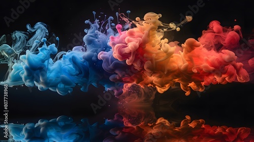 Colorful smoke explosion on a black background, vibrant colors of blue, pink, orange and yellow paint