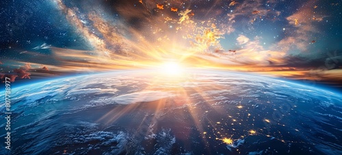 Panoramic view of the Earth, Sun, stars and galaxy. Sunrise over planet Earth, view from space photo