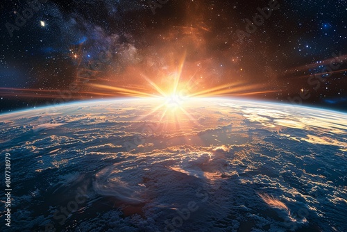 Panoramic view of the Earth, Sun, stars and galaxy. Sunrise over planet Earth, view from space