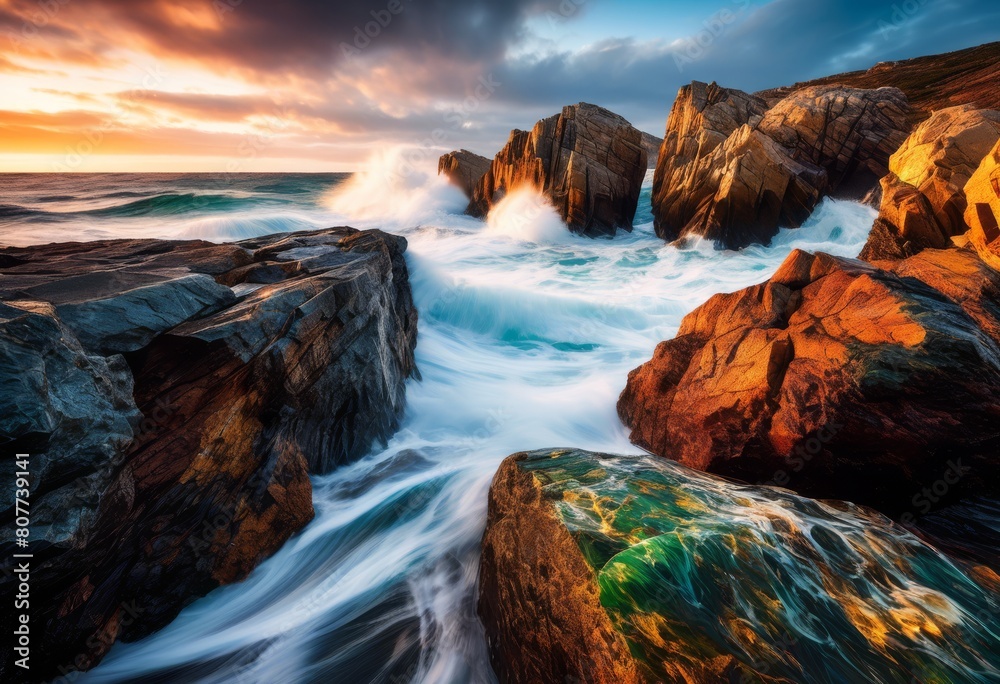 Fototapeta premium illustration, dynamic waves long exposure crashing rugged rocks coastline, ocean, water, motion, seascape, energy, splash, landscape, erosion, force
