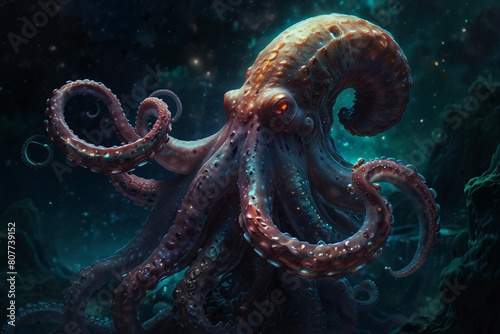  In the depths of a cosmic ocean, a mesmerizing ethereal giant monster octopus with starry eyes and shimmering tentacles