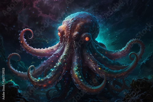  In the depths of a cosmic ocean, a mesmerizing ethereal giant monster octopus with starry eyes and shimmering tentacles