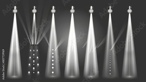 Lighting elements for studios  stadiums and theaters. Isolated rays of light for concerts and presentations. Realistic 3D modern illustration set.
