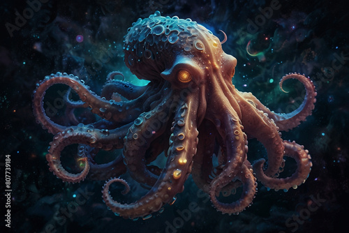  In the depths of a cosmic ocean, a mesmerizing ethereal giant monster octopus with starry eyes and shimmering tentacles © Gnevkovska