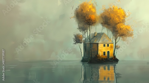 house trees scene and lake reflection poster background