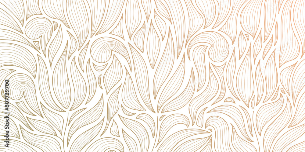 Vector art deco line gold pattern, luxury leaf floral texture, nouveau background. Modern design, jungle ornament, vintage decor element. Fancy nature illustration on white.