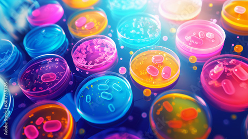 Colorful, high-resolution image of multiple petri dishes filled with vibrant bacterial cultures. photo