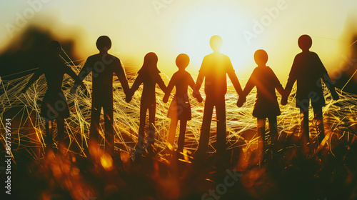 Silhouetted paper cutouts of a human chain at sunset, with a vivid background of golden light. photo