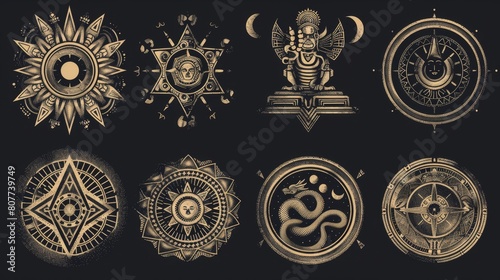 Mayan or Aztec patterns, tribal decorative elements from Mexican Mesoamerican culture, isolated ethnic ornaments. Ancient civilization tattoo of dragon, moon phases, and serpent idol.