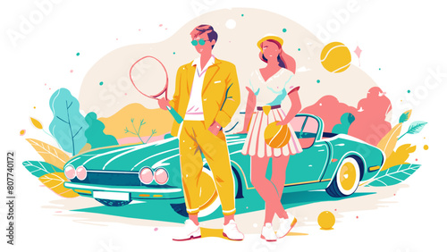 Vintage Tennis Outfits and Classic Car Illustration - Retro Style Concept