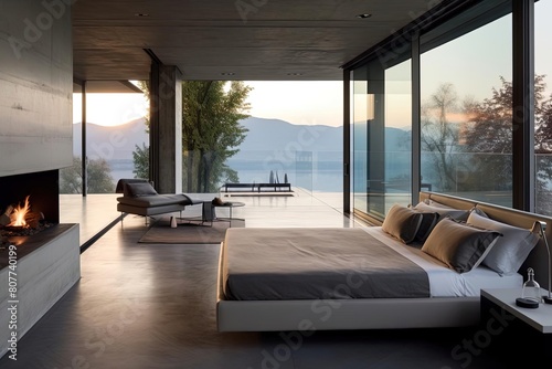 Luxury Minimalist Bedroom with Large Bed, Fireplace, and Breathtaking Mountain & River View © João Queirós